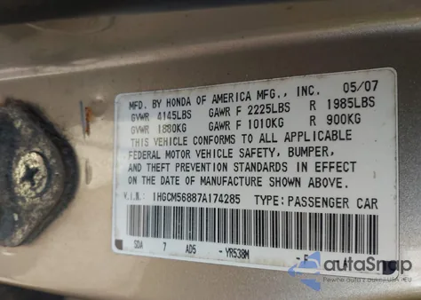 2007 Honda Accord 2.4 Ex from USA, damaged, VIN 1HGCM56887A174285